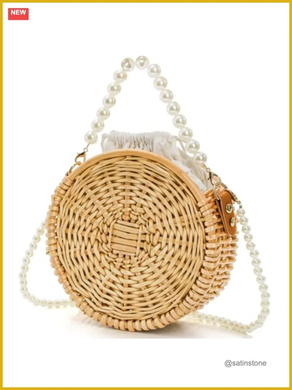 Round Rattan Bag Handwoven Wicker Basket Purse Pearl Strap Beach Straw Tote